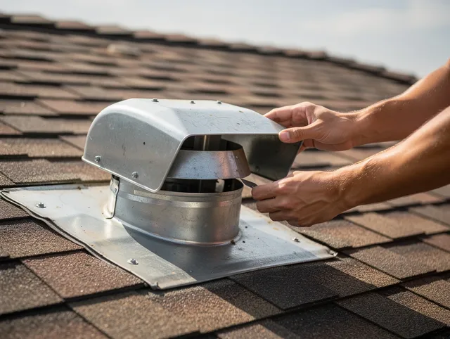 Hanson Dryer Vent Cleaning certified technician safely cleaning a roof-mounted dryer vent in Hanson
