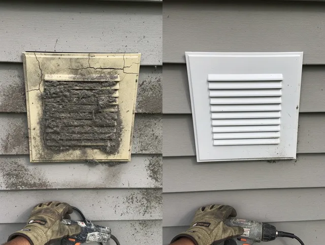 Hanson Dryer Vent Cleaning technician installing high-quality dryer vent cover at a residential property in Hanson