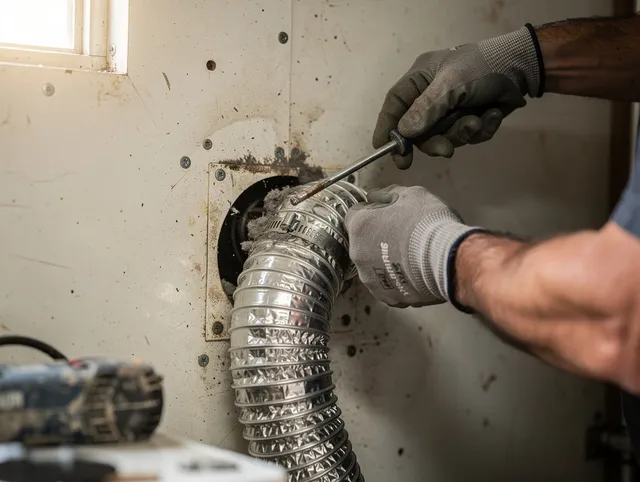 Hanson Dryer Vent Cleaning technician performing precise dryer vent hose installation in Hanson